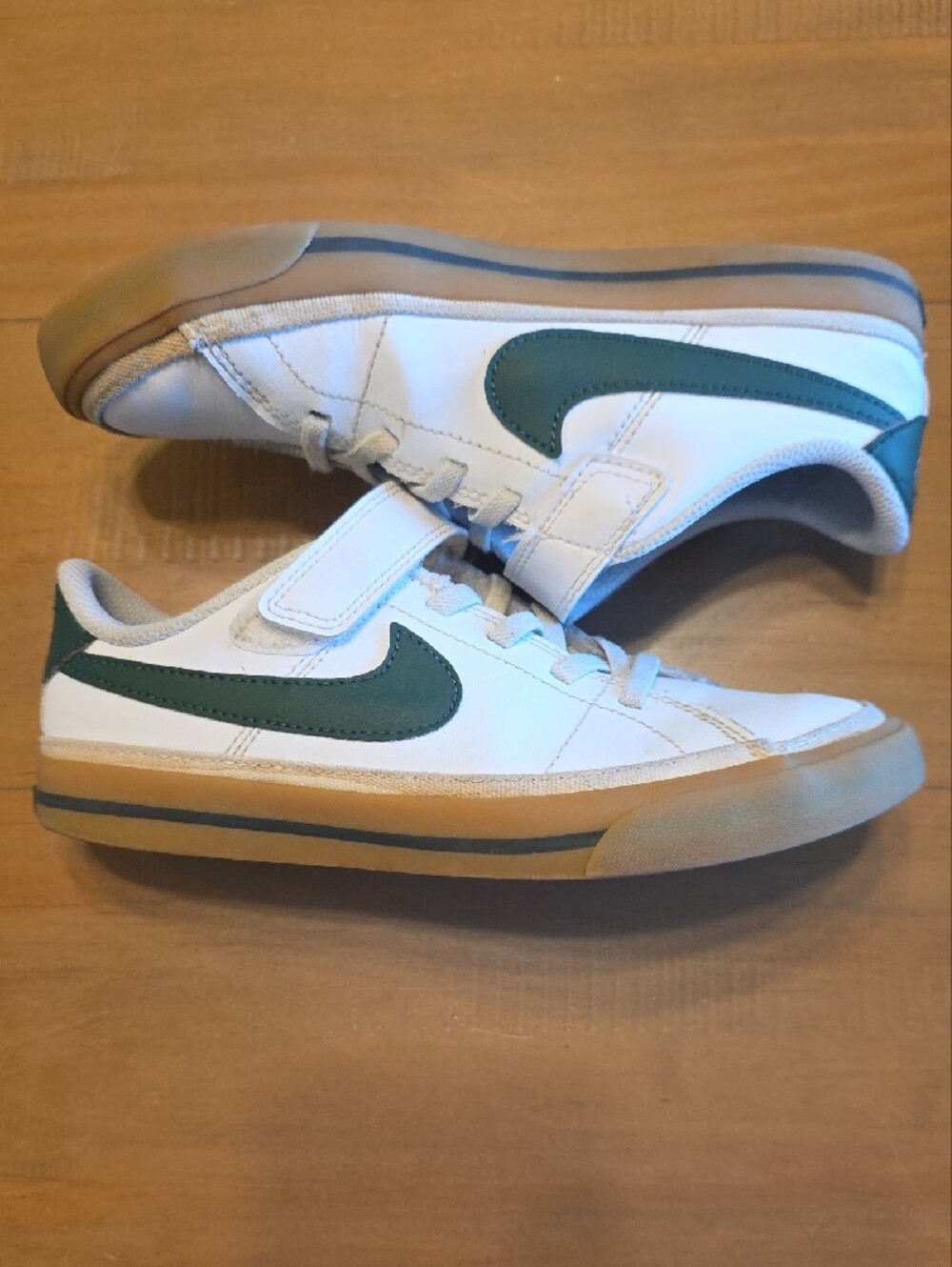 Nike Kids White Sneakers with Green Swoosh and Gum Sole
